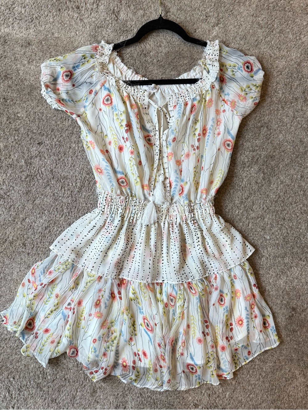 White Floral Tiered Mini Dress with Tie Front